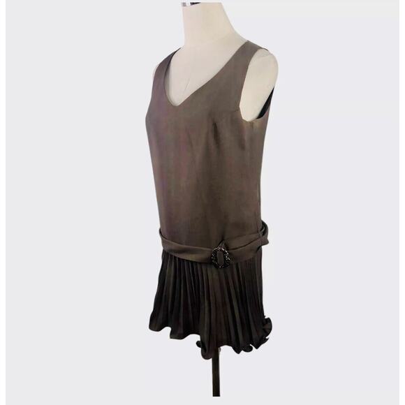 Vtg 70s Dress Brown Drop Waist Pleated Skirt Belted Retro Flapper Go Go - Picture 3 of 9